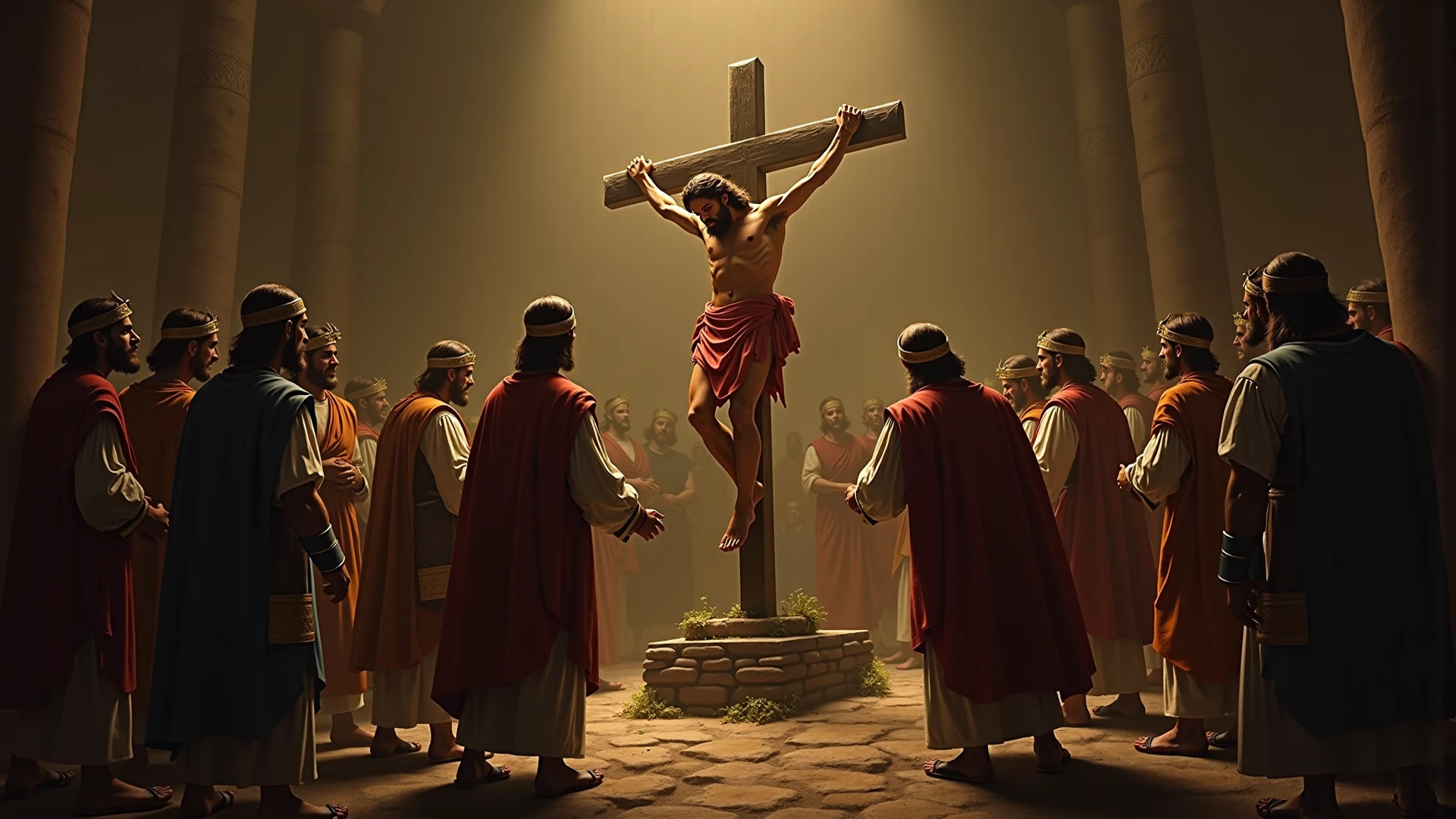 Please create an image of a man hanging on a cross, other than Jesus, an expression of suffering, with Roman soldiers around him, and people looking around, a scene seen from a middle distance, with details that refer to the historical environment. Ultrarealistic, oil painting, 8k.