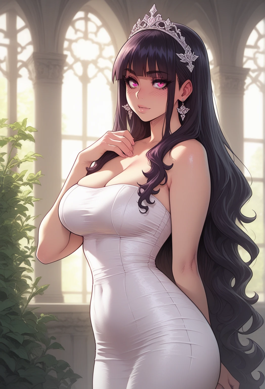 (masterpiece:1.2, Highest quality),(anime), woman,Dark Eyes,Black Hair,Cropped bangs,Bangs,Long side hair,Long Hair,Pure white evening dress,White rose hair ornament,Large Breasts