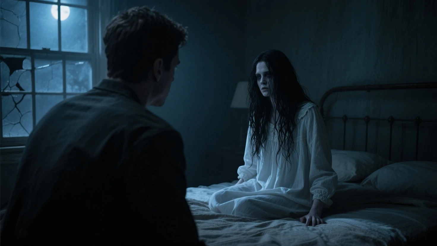 horror film still. cinematic. in the dark room, only a light from the table lamp. a light spill from the window. they is a young man sleeping on his bed. beside him, standing a creepy looking woman, looking at him, eerie, long black hair. pale face, zombie face, wearing white slubby dirty torn cloth. cinematic shots. horror film still. masterpiece, hyper realistic.