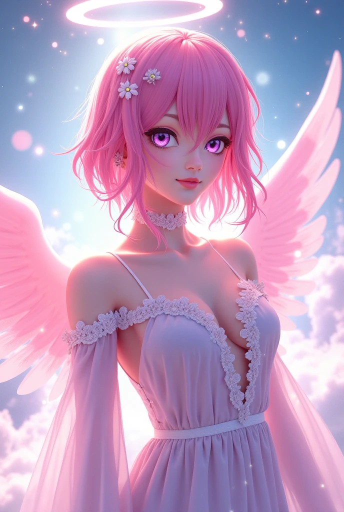 A character from the game Free fire, medium length hair pink hair color with bear ear headband, White Auta collar blouse with wings on the back, 3 d image
