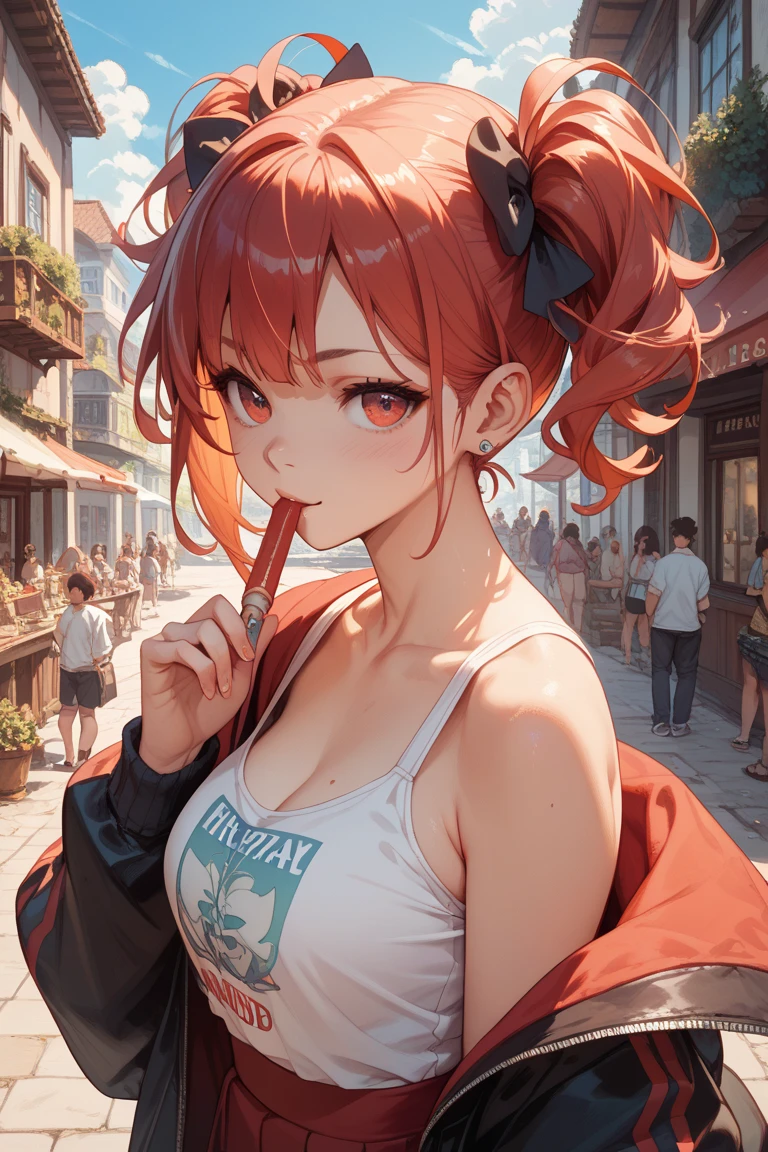 Masterpiece, 1girl, twin tails, long hair, red hair, blue eyes, light blush, lollipop in mouth, sucking a lollipop, choker, tshirts, tight tshirts, hoodie, open hoodie, big breasts, short skirts, thighs, thighhighs boots, sunshine, standing, looking away, on the streets, cowboy shot