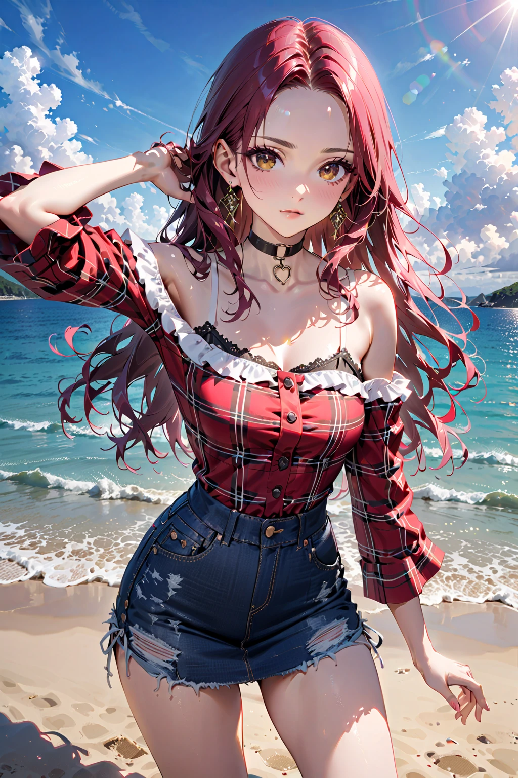 woman, grin, curly red hair in pig tails, green eyes, black eyeshadow, wearing crop top black shirt, black oversized zip up hoodie, red plaid skirt, black knee high boots, black fingerless gloves, exposed shoulders, large breasts, freckles, abs, cleavage, looking up at viewer, masterpiece, best quality, Holo-Punk Style, saluting, at the beach, make up, eyelashes, fish net undershirt, fish net stockings, (full body)