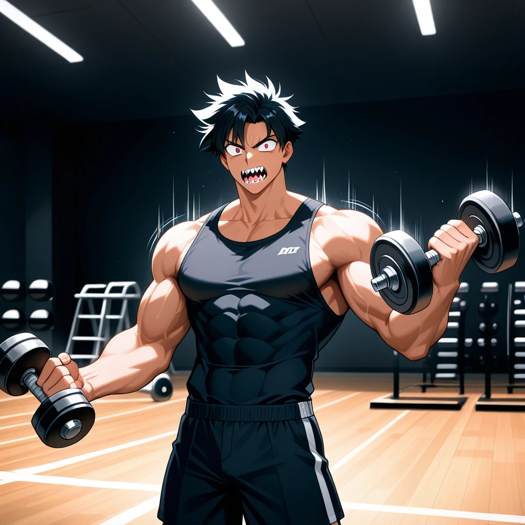 Gray fullbuster, shirtless in a gym, wearing black gym shorts, well-muscled body, muscular arms, serious face, black hair, dark blue eyes, serious face, full body.UHD, masterpiece, accurate, anatomically correct, textured skin, super detail, high quality, best quality, 8k, high resolution, bokeh effect.
