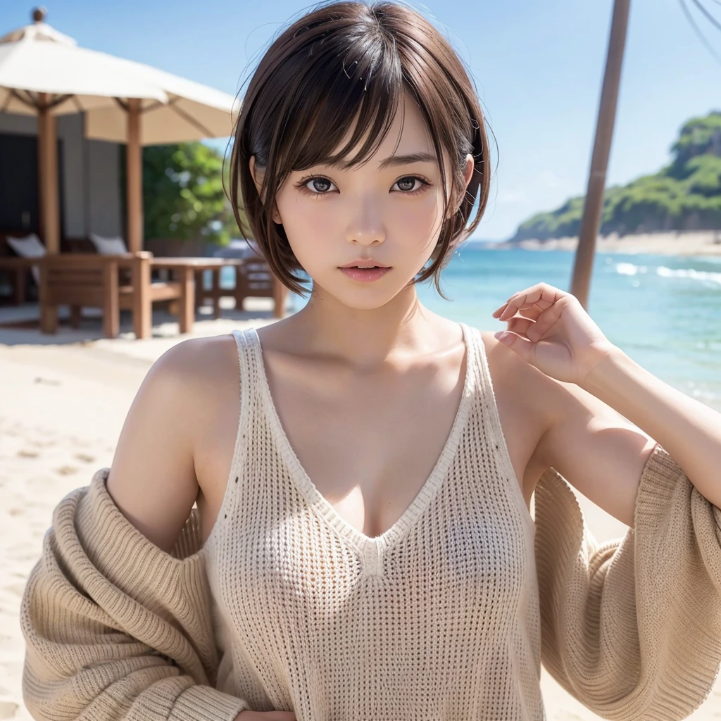 a beautiful young woman with short brown hair, beautiful detailed eyes, beautiful detailed lips, extremely detailed face and eyes, long eyelashes, sexy face, charming smile, looking at viewer, off shoulder sweter,jeans, giant aquarium with sharks, rays and sea bream swimming, best quality, 8k, high resolution, ultra-detailed, finely detailed, perfect dynamic composition, masterpiece, photorealistic, intricate details, cinematic lighting, vibrant colors