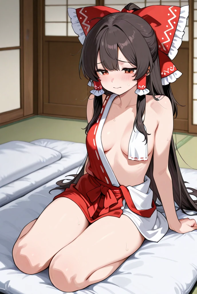 [Ty Lee], [Avatar the Last Airbender], ((masterpiece)), ((high res)), ((HD)), ((solo portrait)), ((full body)), ((bird's eye view)), ((feet visible)), ((anime)), (beautiful render art)), ((detailed shading)), {(attractive athletic figure), (brown hair), (long braided ponytail), (cute brown eyes), (short eyelashes), (curvy hips), ((beautiful toned legs), cute soft feet), (beautiful feet), (blushing), (smug smile)}, {(white bikini top), (cleavage), (navel), (red beach-skirt), (white panties)}, {(on bed), (kneeling), (looking at viewer)}, [ambient lighting, bedroom, window, beach background, sun rays]