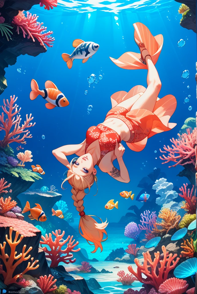 anime style, super fine illustration, highly detailed, dynamic angle, beautiful detailed, 8k, In the summer, at midday, underwater, BREAK vivid tropical fish swim in schools, surrounded by colorful corals on the seabed. A graceful sea turtle swims among them. BREAK A beautiful mermaid swims happily around, smiling occasionally. BREAK Sunlight filters through the water, brightly illuminating the scene. BREAK Everyone is enjoying the underwater world.(LoRA:0.5)