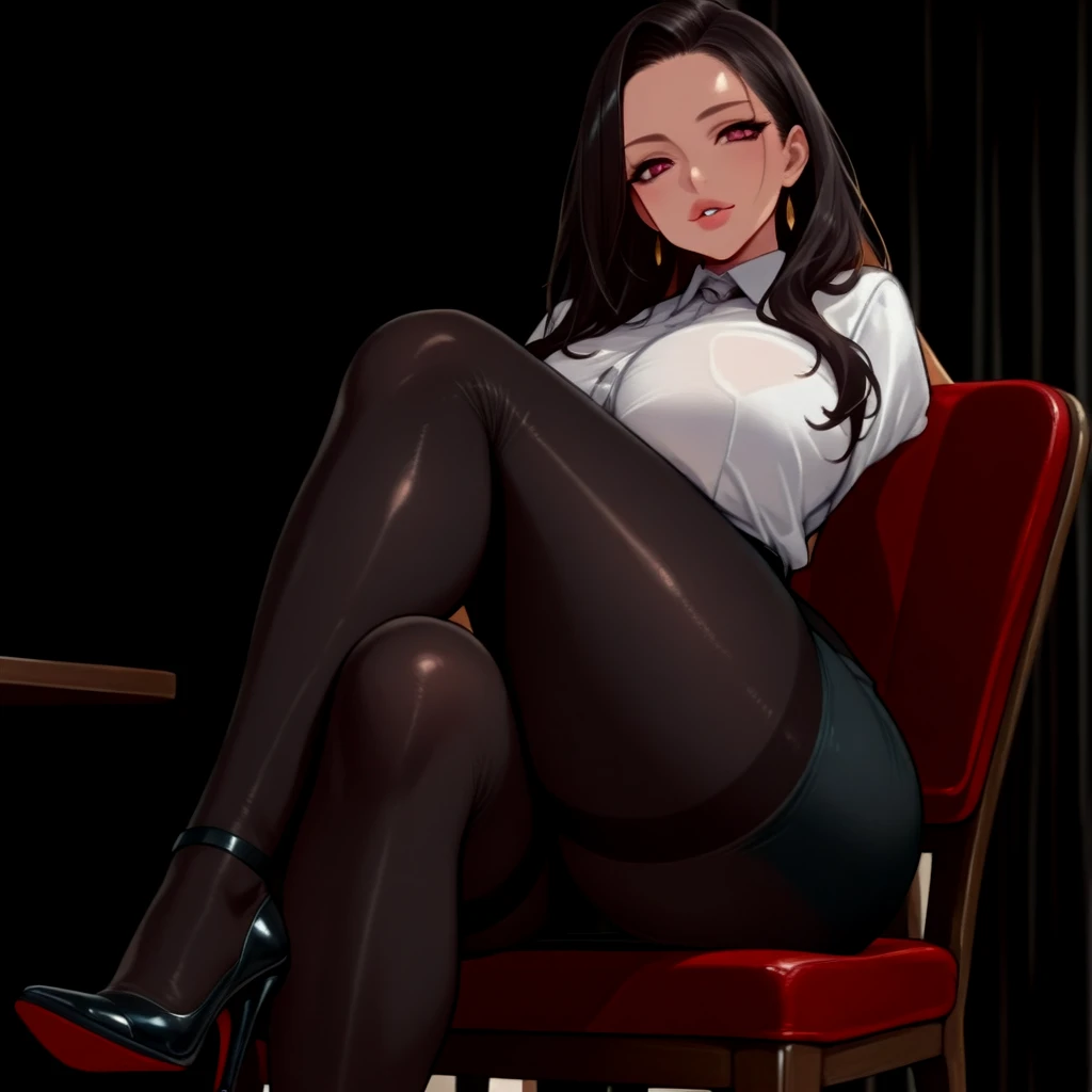 Boa Hancock,sitting on the table, sitting on the table,whole body,crossed legs, big breasts,I look at the viewer,I look with pity,a high resolution,High quality, masterpiece ,black tight black skirt, White shirt, black jacket,Black heels, Black Stockings , Class,sfw