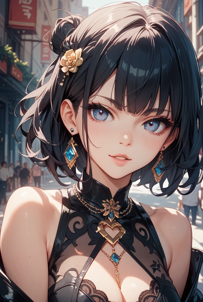 absurdres, RAW photo, extremely delicate and beautiful, masterpiece, Best Quality, ultra high resolution, 32k, hyperrealistic, ultra-detailed, delicate facial features, beautiful detailed woman, tearful mole, earring, medium breasts, full body shot, medium hair, black hair, Hanfu,