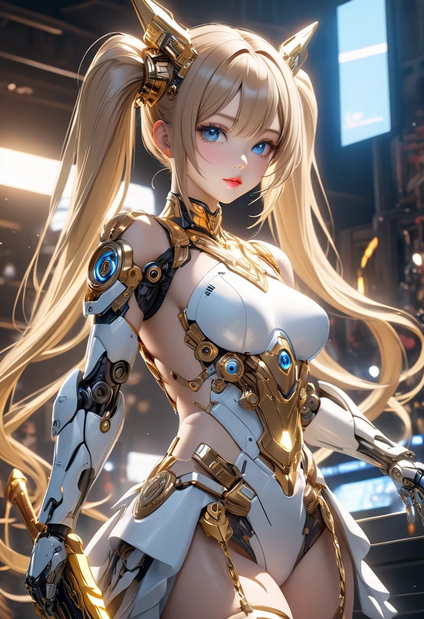 8k, top-quality, (pubic hair beauty)、hight resolution, 逼真, realperson、((masterpiece)), ((top-quality)), (The ultra-detailliert), ((highly contrast)), (a high chroma), (Beautiful detail eyes), ((extremely delicate and beautiful)), (nice hand), ((perfect hand)), (Mechanical cyber city in the background), futuristic cities, 夏天, plein air, Girl on a motorcycle, Medium hair, blonde hair, asymmetrical bangs, beautiful detailed Glass hair, blue eyess, tiny chest, mechanical suit, ((shiny body)), (very shiny body), Clear, jewely、ornament detached、a gorgeous、opulent、magnifica、Illumination scattered throughout the body、Illumination brilliance、Roberto、cyborgs、android、body suit、huge tit、Chest valley、beauty legs