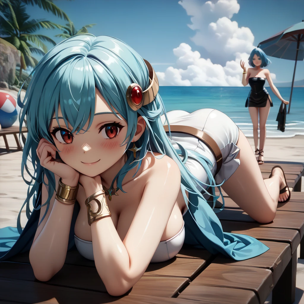 Wearing sweat,Mid summer,The bikini,swimming beach,Plunge into the sea,Outstanding smile,poneyTail,Multiple girls,sun burn,