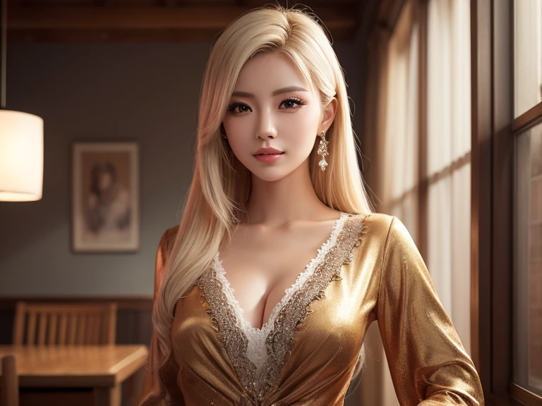 realistic:1.2 , 8k, super detail, UHD, masterpiece, accurate, anatomically correct, textured skin, super detail, high details, high quality, best quality, 8k,Beautiful sexy alluring sensual woman,(golden dress:1.2 ),half-opened transparent minimalist sexy costumes,,(blonde hire:1.4),indoor, damp , cleavage ,