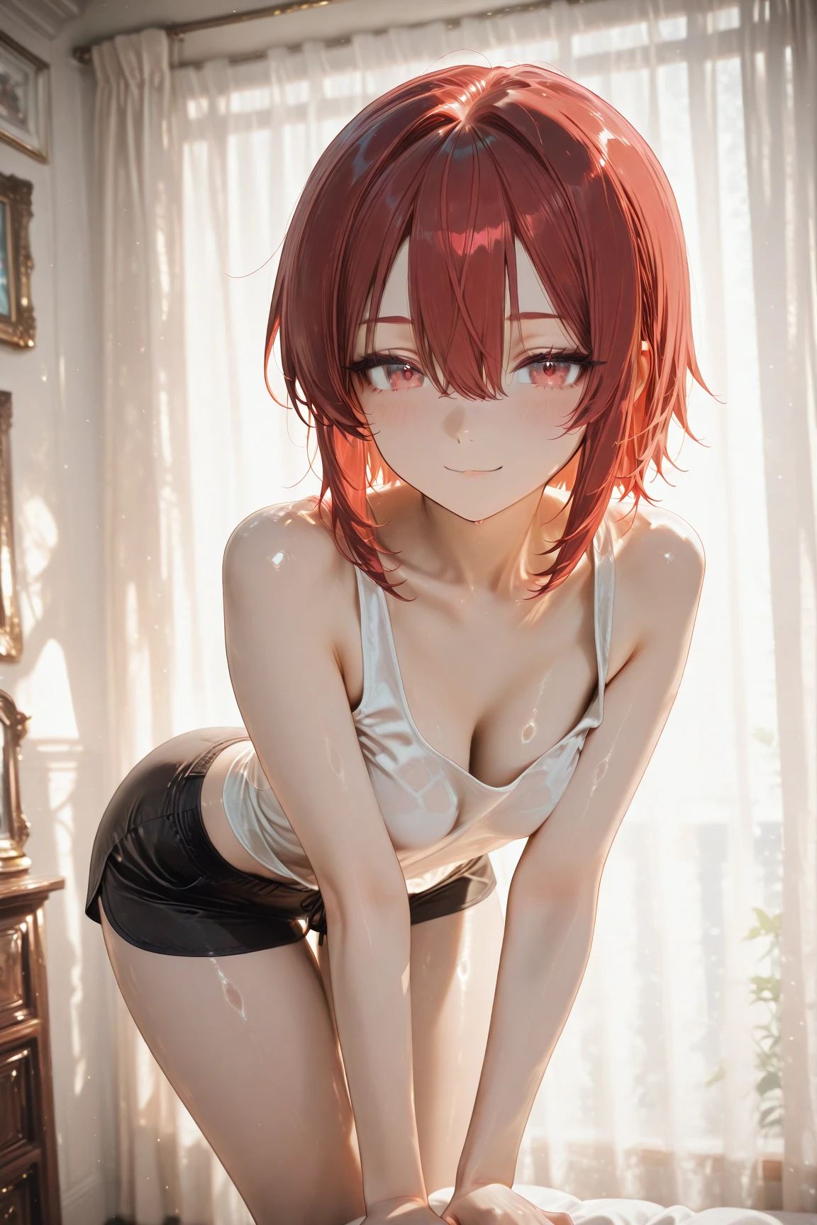 1girl, solo,black  nurse, black nurse cap, black wear, ((black legwear, zettai ryouiki)), black gloves, very short hair, orange hair, smile, open mouth, standing, ((hospital room)), sharp outline, short sleeves, tomboy, boyish, best quality,Breast milk,under boob,Ecstatic expression、Yandere、Menhera、Purple Eyes、woman on top
