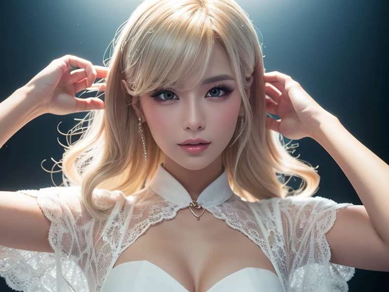 nijistyle, 1个Giant Breast Girl, Alone, Long whit hair, looking at viewert, Sing with a microphone，brown eye background, white backgrounid, jewely, Keep your mouth shut, princess dress, The upper part of the body, Bunky blonde hair, 耳Nipple Ring, choker necklace, From the side Side,, cparted lips, eye lashes, cosmetics, Curly, Punching, hawke, lipsticks, ear piercings, eyeshadows, redish pink lips, multicolored eyes, White theme, Tears in the eyes，Emoji Smile，grieves