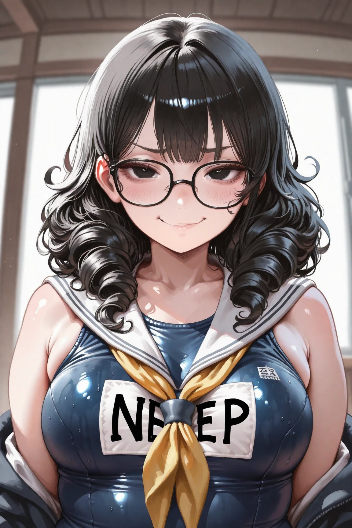 masterpiece, (milf:1.5), (milf with glasses), solo, big breast, blush, angry, (embarrassed:1.3), (school swimwear:1.4), tosaka tsumugi, red eyes, black hair, twintails, long hair, on the train,