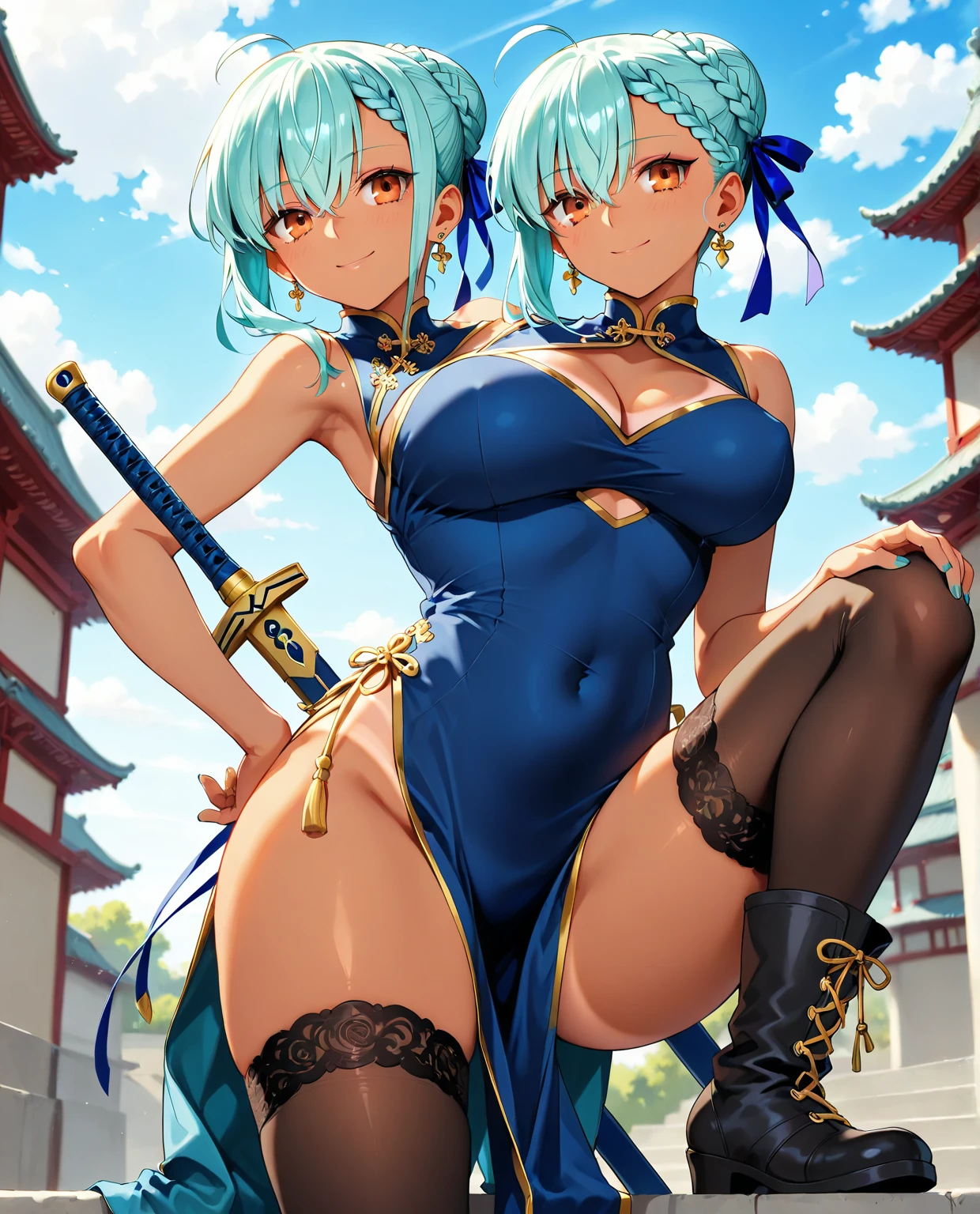 ( high quality , Very detailed, Accurate hands ),One Woman,Female Swordsman, Blue Hair, Long Hair, A revealing adventurer&#39;s outfit,Waist belt,Without skirt,topless,No underwear,High heels,Serious face,Inside the ruins,Combat Ready,whole body,