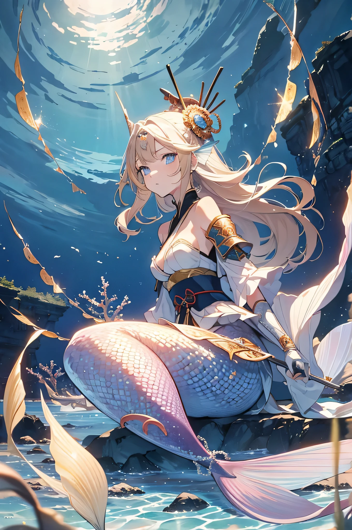 masterpiece, high res, anime screencap, 1girl, solo, sitting on a rock on the middle of the sea, white bodysuit, bipedal mermaid, fins, long hair, blonde, blue sidebangs, blue streaked hair, single braid, outdoors, smiling, cowboy shot, full body <lora:Lilin:1>