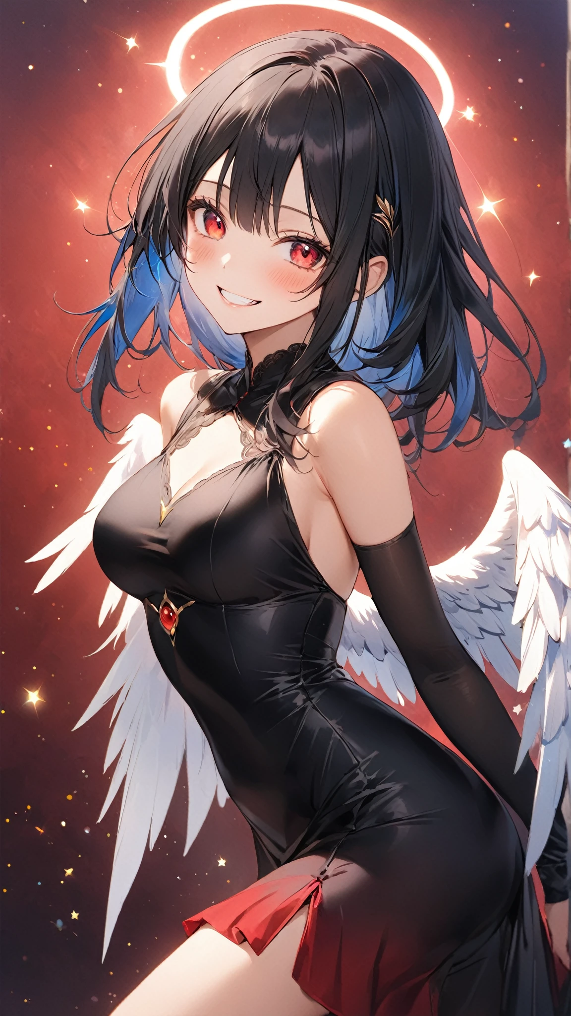 (1 seraphim girl standing on peak of frozen snowy mountain) higher than overcast, blowing frozen wind, (solo), swinging back, multiple wings, (she has 12 wings on her back), (6 white wings:1.5) and (6 black wings:1.5), BREAK, (wearing nothing without a lace trimmed sheer short black chemise:1.8), (black plunging neckline:1.2), shoulder straps, too short black skirt flapping by wind, stiletto heels, BREAK, (black short hair:1.3), sidelocks, black eyes, collarbone, (bouncing large perky breasts:1.2), (cleavage), inconceivably narrow waist, (bared skinny arms), (bared skinny long legs), thigh gap, tiptoe, BREAK, baby face, nose blush, smile for viewer, open mouth, orgasm, BREAK, full body, (extremely detailed CG unity 8k wallpaper), (beautiful detailed), (ultra high resolution), (masterpiece:1.2), (best quality), (beautiful illustration)
