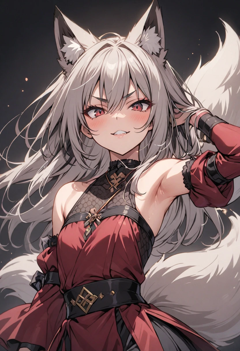 ((masterpiece,best quality)), absurdres,
<lora:Isekai_Onsen_Paradise:0.8>,
1girl, long hair, blush, skirt, white hair, ribbon, animal ears, purple caplet, red eyes, cleavage cutout, fox ears, purple dress, long sleeves, purple bow,
animal ears, hair between eyes, grey hair, hairclip,
looking at viewer, smile,