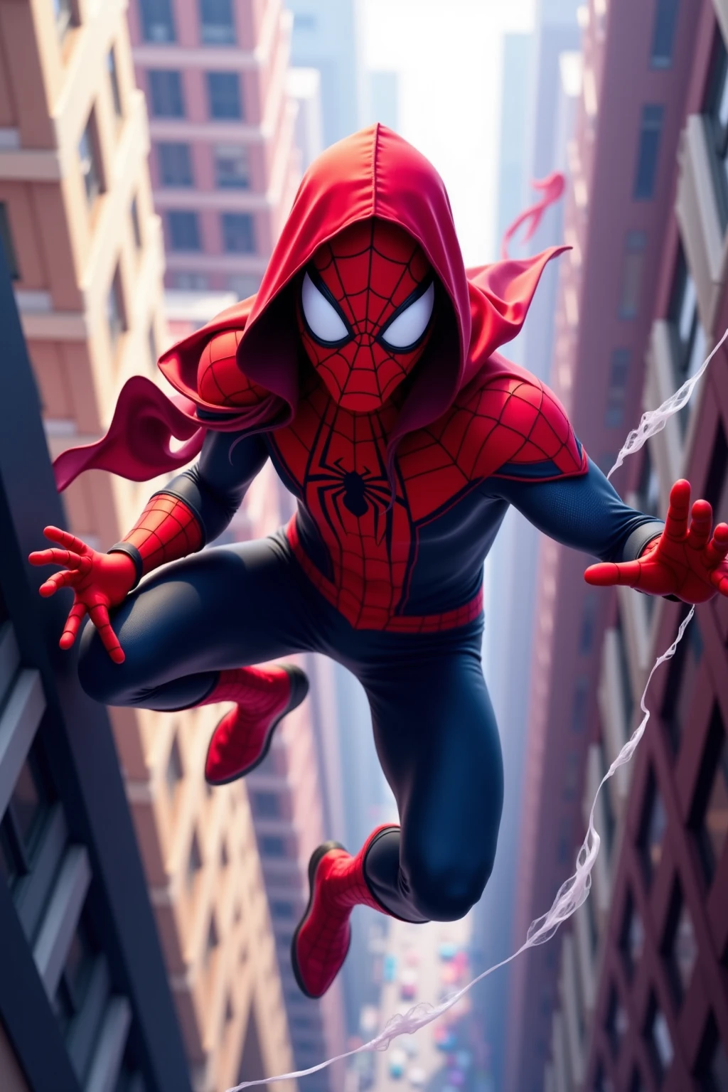 anime-style Spider-Man,Spider-Man wearing his own costume and moving from building to building while firing cobwebs from hand to hand,precise description,high resolution,4K,HDR,UHD,vibrant color,extremely realistic,Professional Level,Vibrant and dynamic scene,realistic texture,Dramatic lighting treatment, city background,Modern architecture,Magnificent cityscape,webshooting floating in the air,역동적인 포즈,determined expression,realistic depiction of the clitoris,anime-style illustration