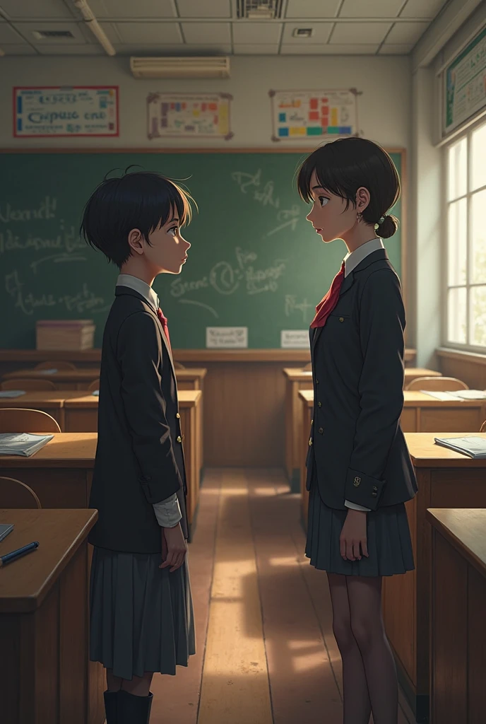 White skinned teenage girl with short hair and school uniform and dark skinned teenage boy with black hair and school uniform . with a classroom background .looking at each other 