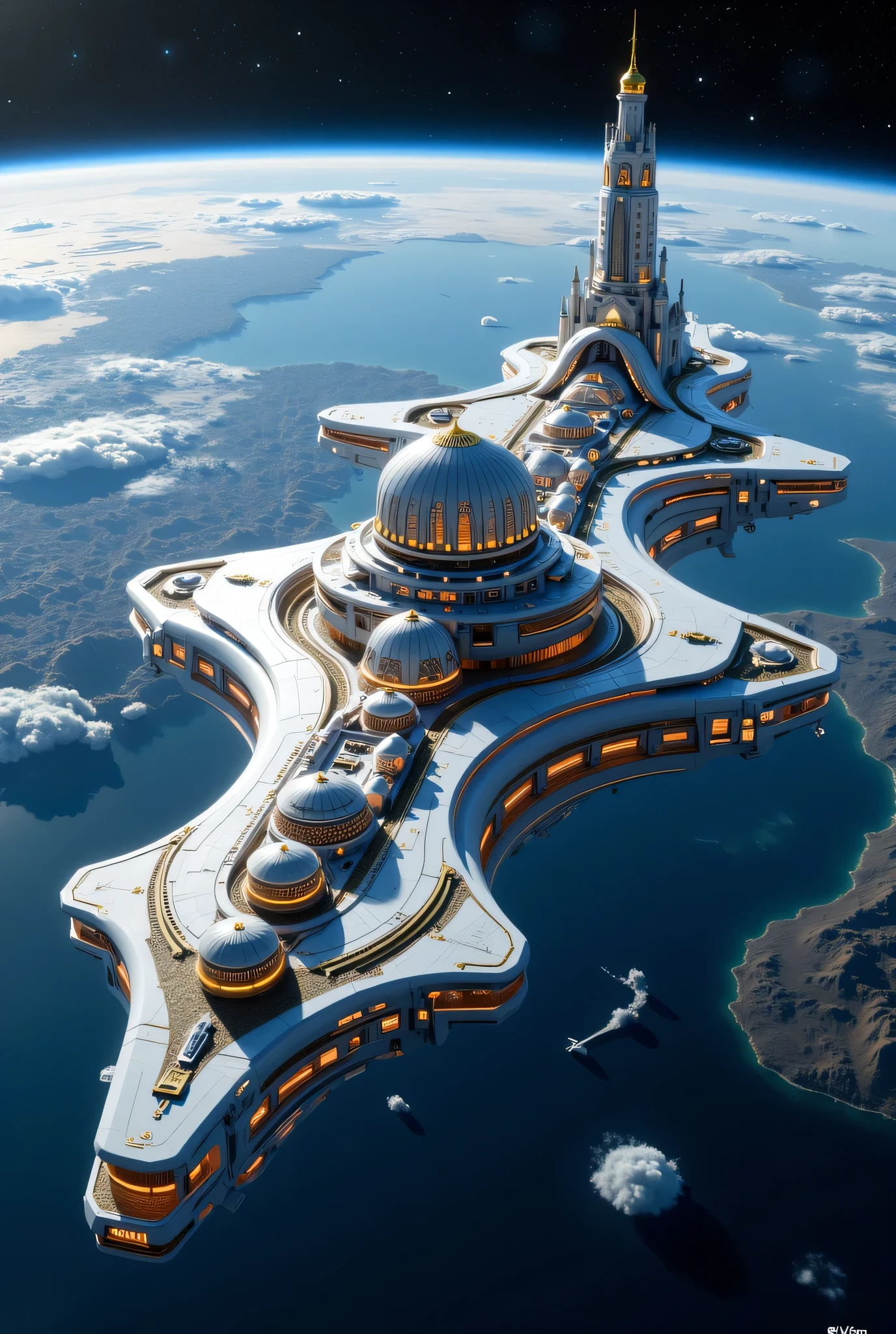 "Al-Noor: Spaceship that carries the city and With domes and minarets inspired by the architecture of mosques and visible earth from the outside which is colored blue and specks of stars in the dark sky.
