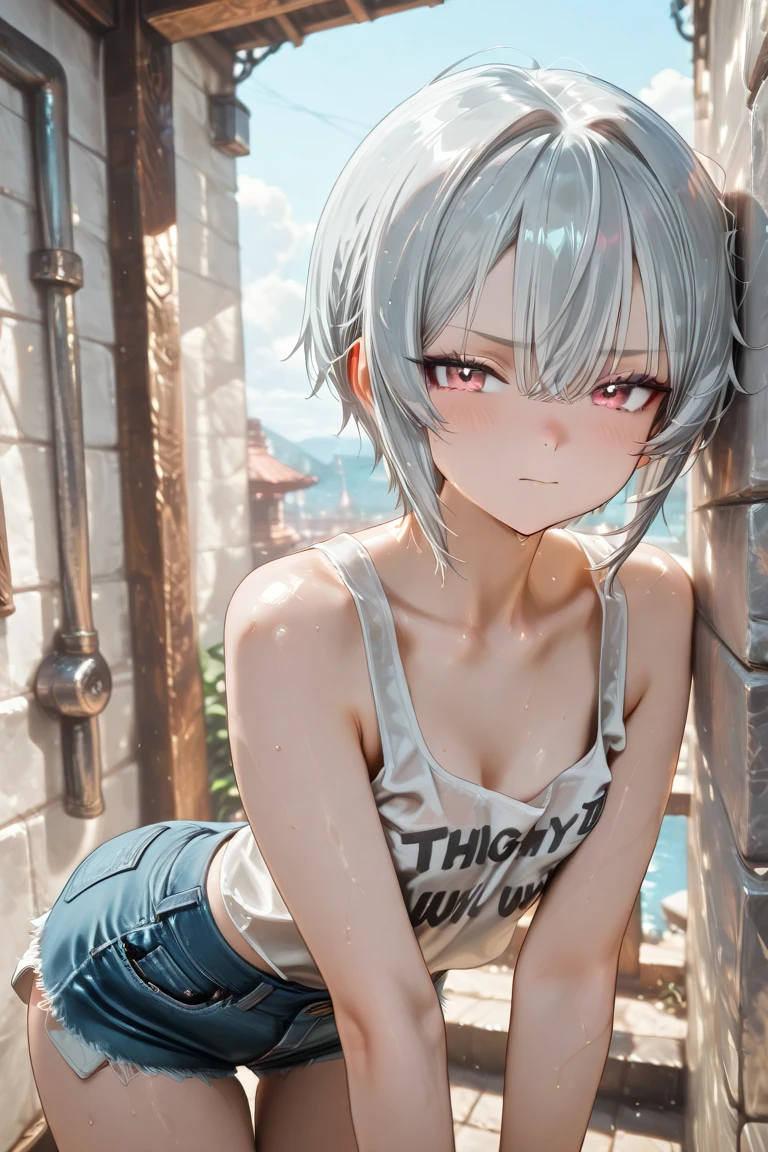 highest quality、Realistic、Women、Japanese、zoom、look up、cute、Ocean、Cobalt blue eyes、Platinum Blonde Hair、Short Hair、Sleeveless hoodie、Denim pants、Face close-up、slender、Small breasts