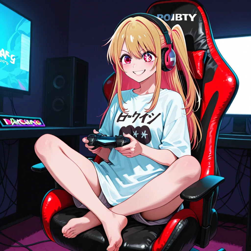(masterpiece), (highest quality), (illustration), (super detailed), (high resolution), absurdity,1girl,solo,sakura futaba, persona, orange headphones,gaming chair,computer keyboard,desk,game controller,holding game controller,indoors,monitor,looking at screen,expressionless,mouth open,drool,empty eyes,mind control,hypnotized,blush,sitting,breasts expansion,medium breasts,cleavage