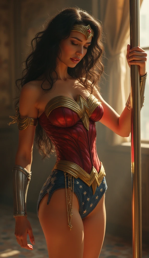 highest quality, masterpiece, High resolution, Photoreal, sharp, RAW photo, 8k wallpaper, Flawless, professional lighting, very detailed, written boundary depth, ((one beautiful woman, japanese mature)), (30 years old)), women sexy, detailed face, beautiful eyes, bangs, well-shaped small breasts, light brown straight hair, faint lips, ((stand in front, serious face eyes.)), (((raise both arms up)))((skin shining with sweat,Armpits shining with sweat:1.0)), Wonder Woman, wearing Wonder Woman red corset, Wonder Woman blue panties, Wonder Woman tiara, rise eyebrows, slender, tied up and chained in dungeon, (((shackles)), ((shackles and arms down, wrists tied)), bondage, chains wrapped on arms, slavery, restraint, (basement wall backgroun, dirty, dark, creepy), best quality, masterpiece, both arms up, angry, hanging, muscle armpit, struggling, unable to break free, wide shot, hair behind head, small breast, small chest, ((shackled wrist)), ((shackled arms), comic style, asian, both wrist shackled