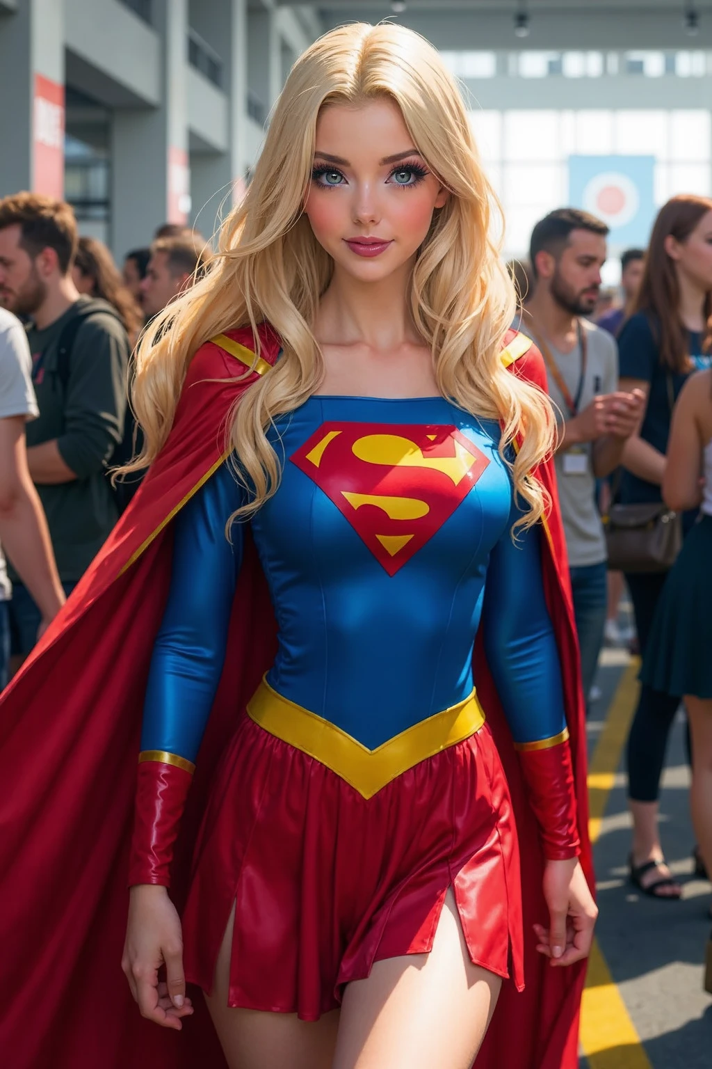 a portrait of a blonde, blue eyes, slavic features, woman wearing a sexy supergirl outfit, in the street, full-body, perfect detailed eyes, perfect detailed hands
