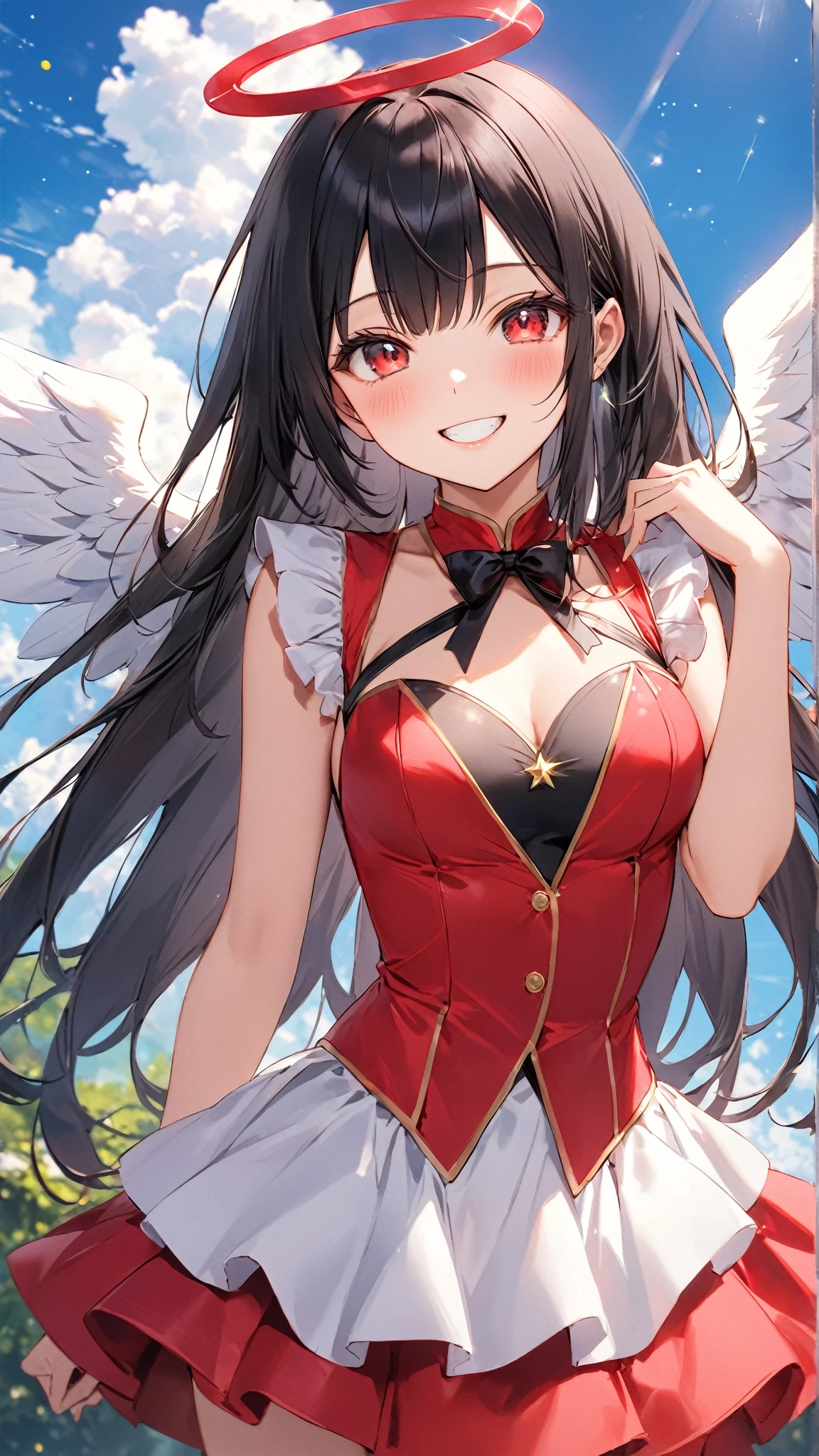 Imagine  full-body illustration of an anime female character with solid black hair and a slim body, standing against a white background. She has striking red eyes and is dressed in a Korean school outfit, primarily red with white and gold feather details. The character appears to be around 23 years old, and she strikes a confident Both of her slim hands are clearly visible, and she is accompanied by a pair of large, prominent feathers. A subtle golden effect enhances the background, complementing her appearance.