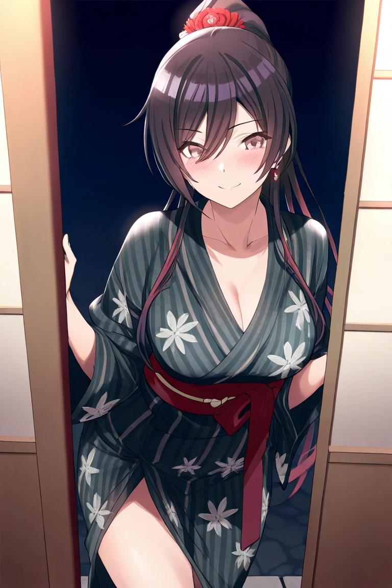 sakurajima mai, mai-san, (masterpiece), 1girl, japanese clothes, solo, kimono, red kimono, show panties, show bra, black panties, black bra, medium breasts, cleavage, blush, paintbrush, calligraphy brush, bedroom background, ink, bare shoulders, off shoulder, looking at viewer, sash, smile, collarbone, sitting, obi, floral print, wide sleeves, parted bangs, between breasts, holding, open mouth, nsfw, low-necked, sexy