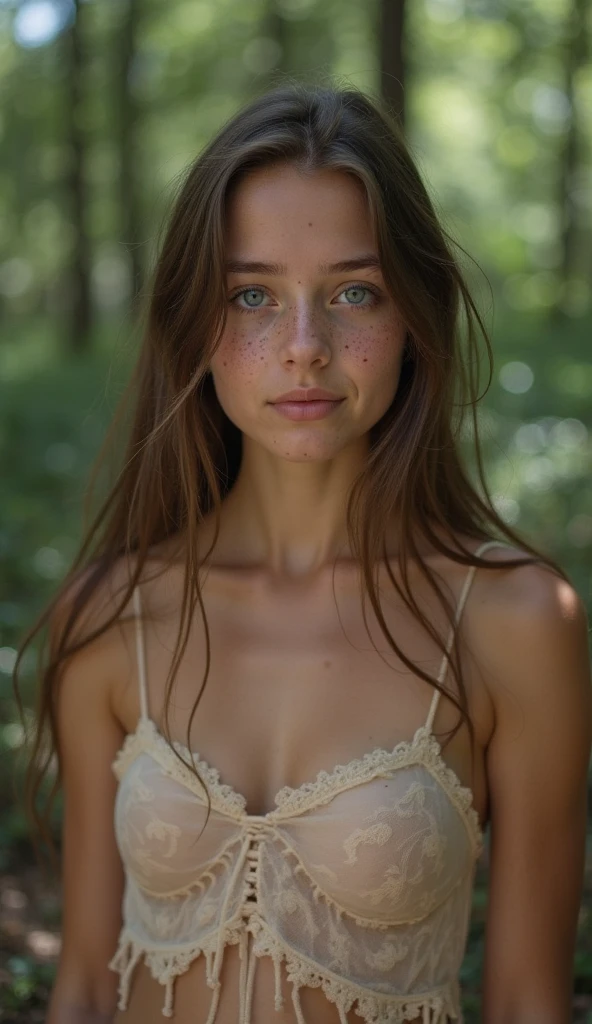 (Realistic:1.5), photo shot on Nikon D850, 16k, full body shot, masterpiece, Detailed, breathtaking, atmospheric perspective, diffusion, 80mm Sigma f2, depth of field, film grain, (((high resolution))), (((extremely detailed))), (cute woman, greyscale photo), little smile, sweet, (ultra-detailed), looks like Emily Jane Browning, sexy, pleasure, (in the dark mystic forest), (detailed eyes), (lifelike skin texture), slim physical, by Steve Hanks, looks at viewer, cinematic light, depth of field, dark fantasy unrealistic background), (freckles:0.5), detailed intricate eyes, depth of field, 35 mm, analog photo style, dark atmosphere, messy hair, most small details, hair ornament