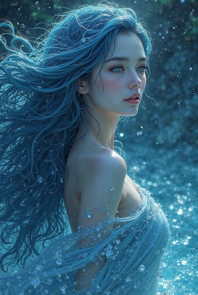(masterpiece, best quality), portrait, upper body shot, 1 girl, perfect body, big breasts, female water spirit, water-colored hair, spring water inside, a few drops of water on the skin, clean lines, natural lighting, perfect illustration