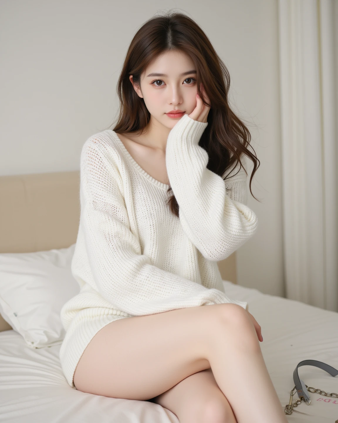 (best quality, ultra-high quality, high quality hands), highest light, shot from behind, relaxed look, lying in couch, white high neck knit, knee high socks, highest shadow, sharp, sharp image, incredible resolution, beautiful effect,