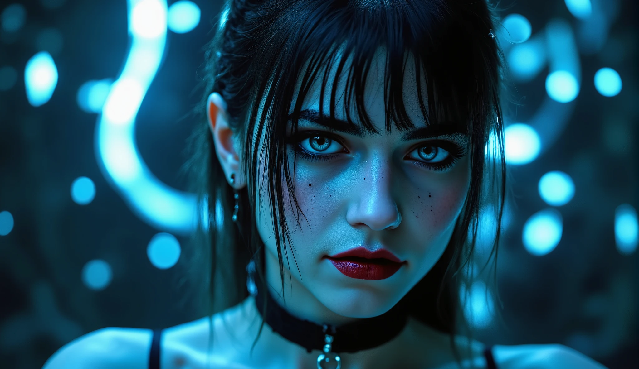 perfect anatomy, cinematic lighting, high detail, alien goth girl, medium shot, 18-year-old, slender figure, smooth pale skin, scattered freckles, ((full, pouty lips)), deep, mesmerizing blue eyes, long thick lashes, black choker, dark red lipstick, black eye shadow, seductive yet innocent, long, straight black hair draped over one eye, kneeling, fishnet stockings, topless with black pasties, breasts gently pressed together, soft, open lips, glowing cyberpunk background, soft diffused shadows, surreal beauty.