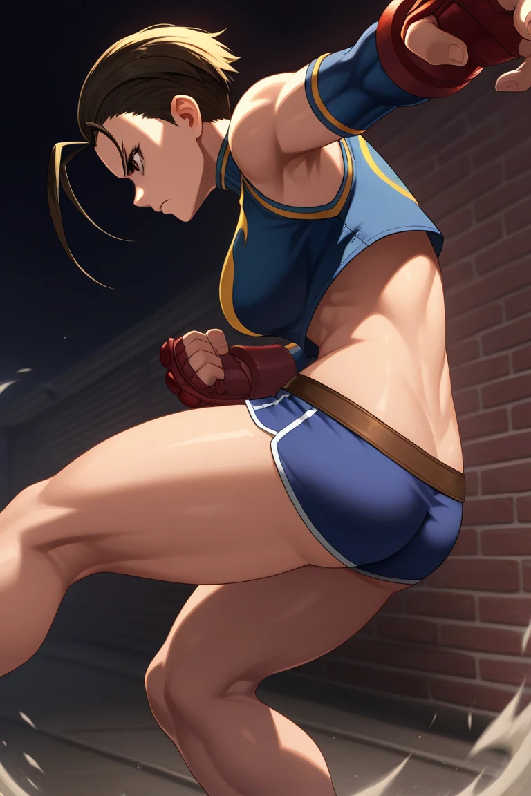 Asian tanned runner woman bending over, exposing butt, running shorts, panties pulled aside, sneakers, muscular glutes, gluteus