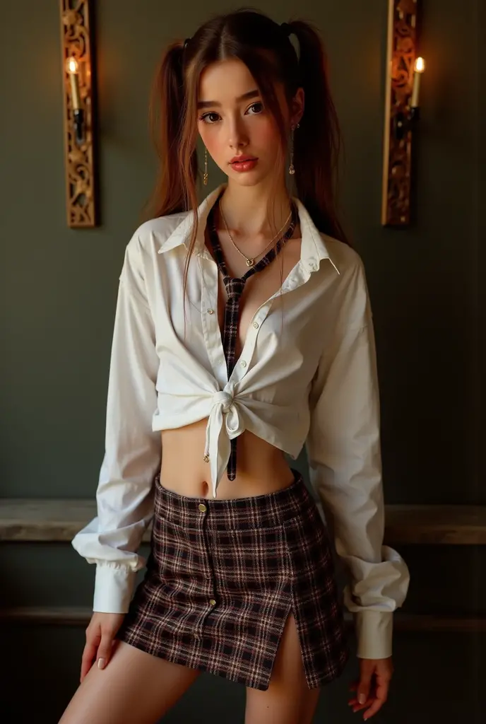 Bryce Dallas, work of art, best qualityer, high resolution, 1 redhead girl, jewerly, single thigh height, Wavy hair, hair over one eye, presumptuous , tummy, pleated plaid mini skirt, asymmetrical pants, pink blouse, black thighighs, waist belt, mini-skirt , Wind Upskirt mostrando Pantie , paisaje, sitting at the teacher&#39;s table, portraite, corpo sexy , she is in the classroom alone, She is smiling.

