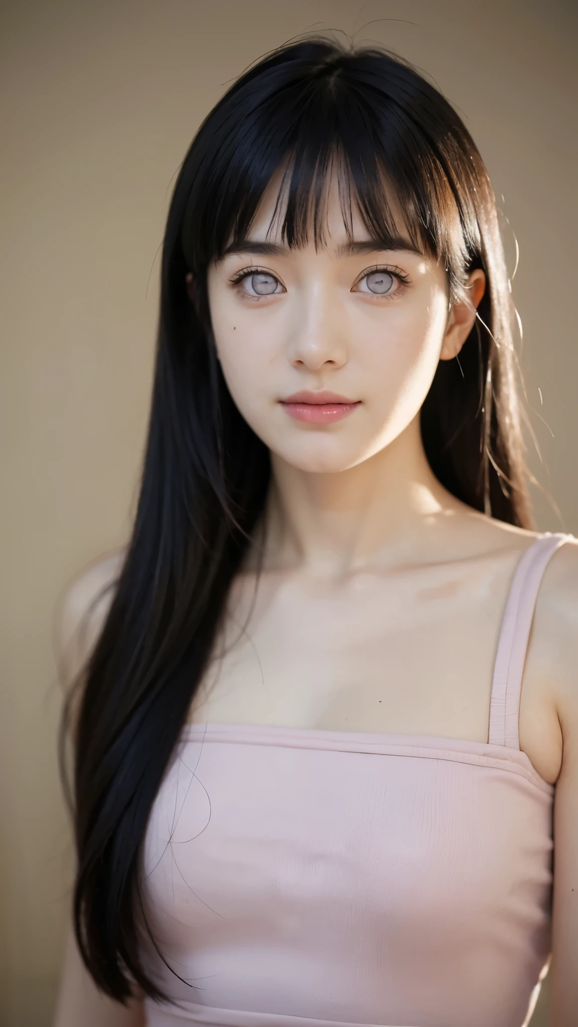 "Create a hyper-realistic portrait of a beautiful young woman inspired by Hyuga Hinata from Naruto Shippuden, reimagined as if she exists in the real world. She has fair, flawless skin, long dark indigo hair with soft waves, and distinctive pale lavender eyes without pupils. Her expression is gentle and serene, with a slight, shy smile that radiates warmth. She wears a modern, subtly stylized version of her ninja outfit—light lavender and cream tones with soft textures. Include soft lighting that highlights her features, delicate eyelashes, and natural blush. The background should be softly blurred to focus on her face. Capture her calm, kind aura with incredible detail—skin texture, hair strands, and reflections in her eyes."