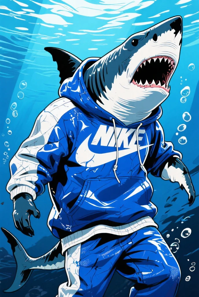 best quality, intricate details, 1 malay girl in hijab, blue eyes, sharp eyes, blue highlights, sharp teeth, blue hoodie, shark teeth design, bare legs, gawr gura, shark girl, shark tail, shark print, blue hoodie, sharp teeth, animal hood, shark hijab ornament,