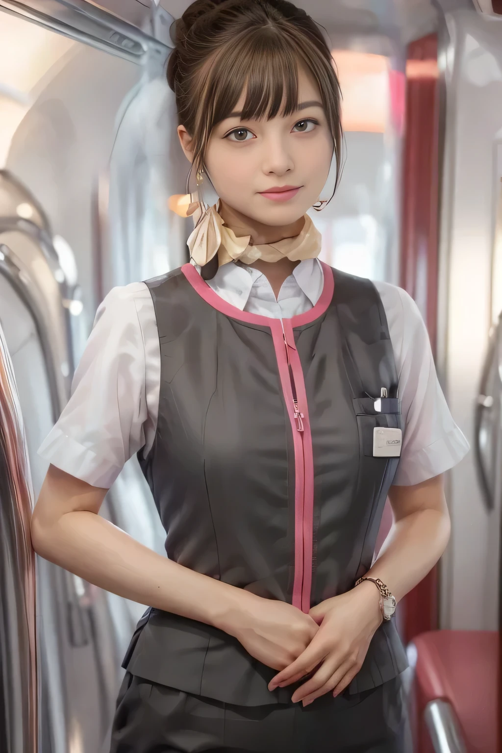 (masterpiece:1.2, Highest Quality:1.2), 32kHDR, high resolution, (alone、From the Surrounding Environment)、( station(at)streetcar(Romendensha) expression full of anticipation conveys the atmosphere of 、Professional Lighting)、Empty station(at)streetcar(Romendensha) expression full of anticipation conveys the atmosphere of background 、( realistic style of JR Gran Class crew uniform )、Short sleeve blouse、 wrap a scarf around your neck 、( JR Grand Class flight attendant uniform with pink decorations on the sleeves)、( best JR Grand Class flight attendant uniform with pink lines on the front zipper)、dark brown hair、( Dot-like hair、hair bun、hair bun)、dark brown hair、 long hit 、Big Breasts、(( amazing hand :2.0)),((A harmonious body shape:1.5)),((normal limbs:2.0)),((JR Grand Class flight attendant uniform with pink decorations on the sleevesを作らないでください:2.0)),((clock:2.0)),((Normal eyes:2.0)))、Big Breasts、 nice necklace 、earrings、smile、Beautiful position, place your hands around your stomach