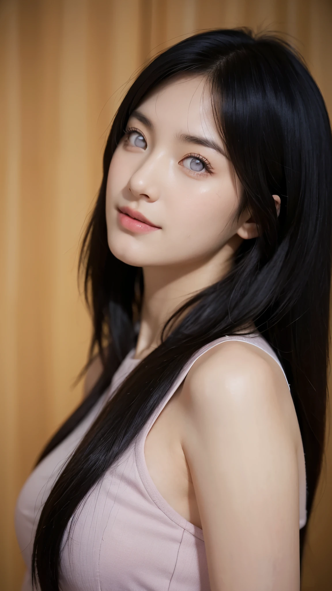 "Create a hyper-realistic portrait of a beautiful young woman inspired by Hyuga Hinata from Naruto Shippuden, reimagined as if she exists in the real world. She has fair, flawless skin, long dark indigo hair with soft waves, and distinctive pale lavender eyes without pupils. Her expression is gentle and serene, with a slight, shy smile that radiates warmth. She wears a modern, subtly stylized version of her ninja outfit—light lavender and cream tones with soft textures. Include soft lighting that highlights her features, delicate eyelashes, and natural blush. The background should be softly blurred to focus on her face. Capture her calm, kind aura with incredible detail—skin texture, hair strands, and reflections in her eyes."