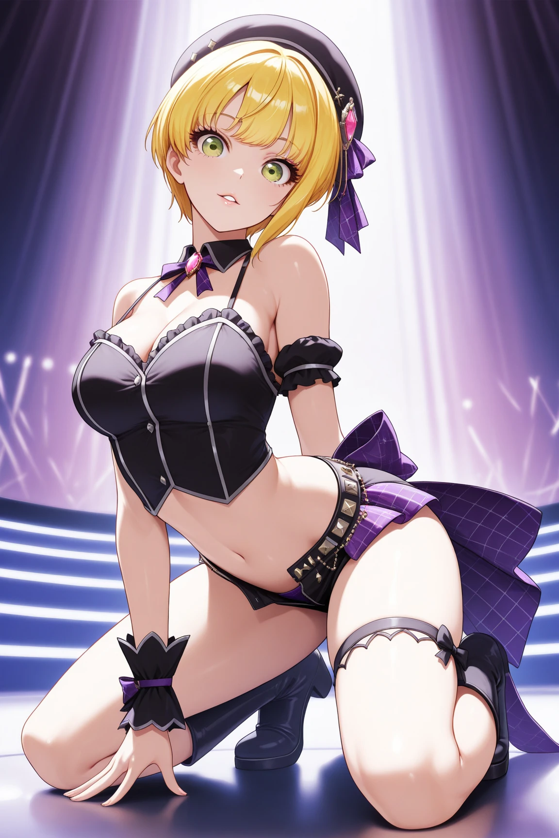 A woman wearing a black dress with purple details, idol style dress, thick black tights, with exposed chest, short blonde hair, red bangs, brown eyes, on an idol music stage, purple lights, women's shoes, big breasts, purple purple in hair, smiling.HDR, ultra resolution, well defined, masterpiece, 8K HD (woman solo )