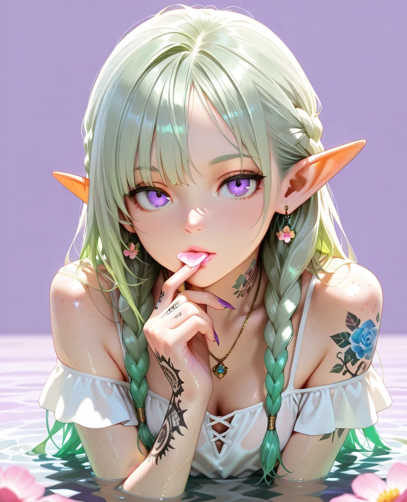 1girl, white hair, green eyes, from above, looking up, pussy, scared, ((sitting)), ((black lingerie)), ((lingerie)), (black tights), thick thighs, ((naked pussy)), nipples, ((lace clothes))