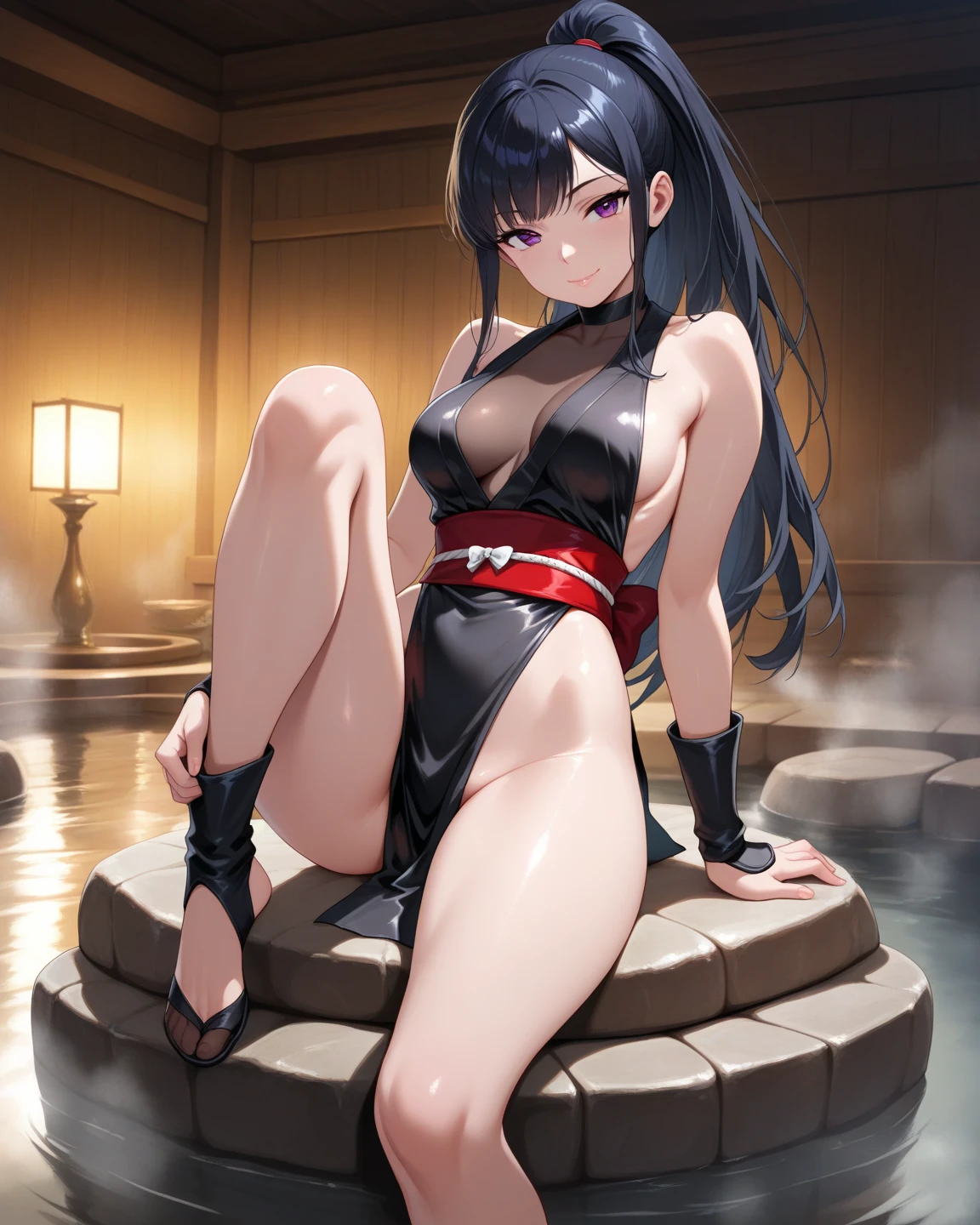 Giantess muscly gentle magical girl with twintail black hair, sitting in an onsen with a towel