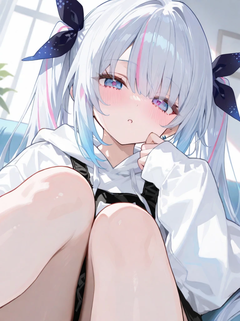 large breasts、wet.arms、looking at viewer、cowboy sot,(((overhead shot)))), ((((1girls/2boys))), spoken 〇〇、nsfw, penis, pussy, under boob,erect nipples present in the indoor pool,Sex between men and women、sketch、Purple Hair、She has a small ribbon on her head、Big Tits、doggystyle