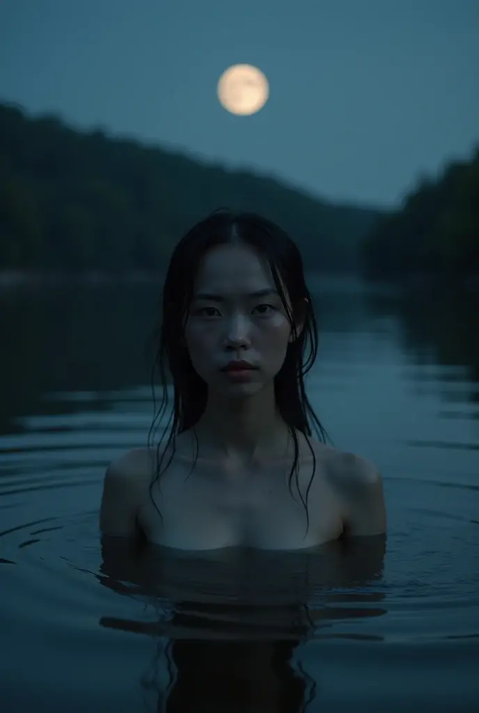 Dark close-up scene of a Japanese woman bathing in a moonlight lake, view from front, photo. Realistic skin textures