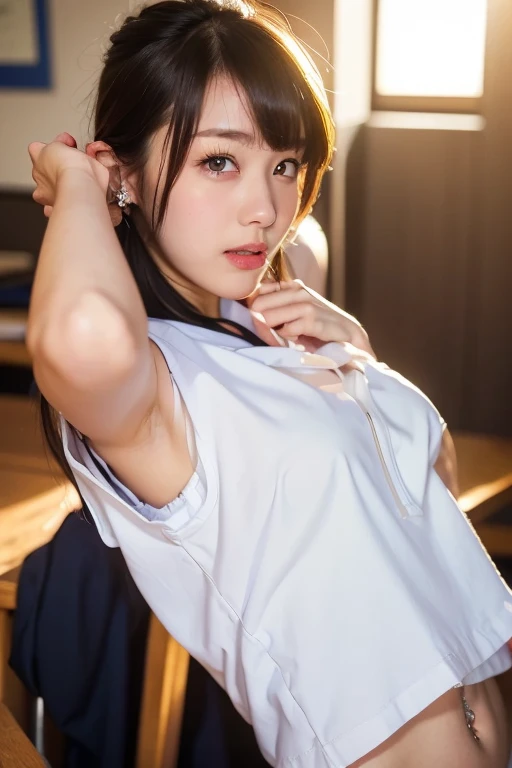 score_9, score_8_up, score_7_up, score_6_up, Photorealistic, real photo, god rays, wind, rain, 1girl, black hair, long straight hair, hazel eyes, large breasts, mini camisole, covered nipples, rooftop, night, dark sky, city skyline, neons, windy, skirt lifted by wind, revealing skirt, panties view, spread legs, lying