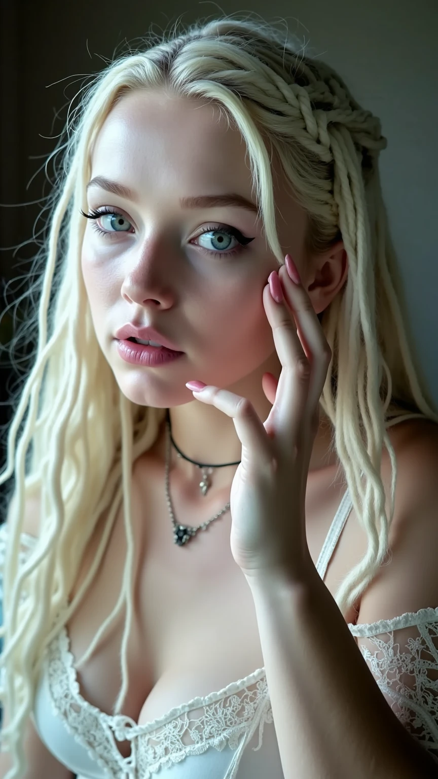 1girl in, age19, Solo, Long hair, Colossal , Looking at Viewer, blondehair, Bare shoulders, Brown eyes, jewely, Full body, a necklace, off shoulders, Sweaters, Realistic, A sexy
