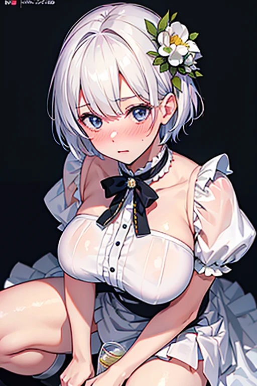 1 girl ,, detailed eyes, detailed face, wearing A sexy maid dress, large breast, white colour heir, wearing glasses, no underwear, focus on pussy , visible pussy, cum overflowing from her pussy , purfect face, small heir, embarrassed 