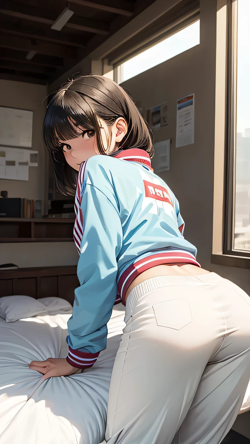 Score_9, Score_8_up, Score_7_up, Score_6_up, Score_5_up, Score_4_up, Source_anime, Tag1, Tag2, Best quality, High quality, Detailed, High resolution, 8k, Ultra high res, Soft saturation, Professional quality, Perfect contrast, Perfect litthing, Anatomically correct, Hyper breasted, Sagging breasts, Wide hips, Gargantuan butt, Sensual woman, Embarrassed, blush, blush lines, bedroom eyes, shy BREAK worm’s-eye view, Rear view, fully clothed, track jacket, track pants, pants down, Leaning forward, Panties, Gymnasium
